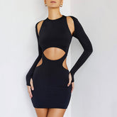 Fashion Solid Color Hollow Out Waist Bag Hip Long Sleeve Dress