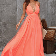 Women's Fashionable Elegant Orange Suspender Gauze Strap Dress