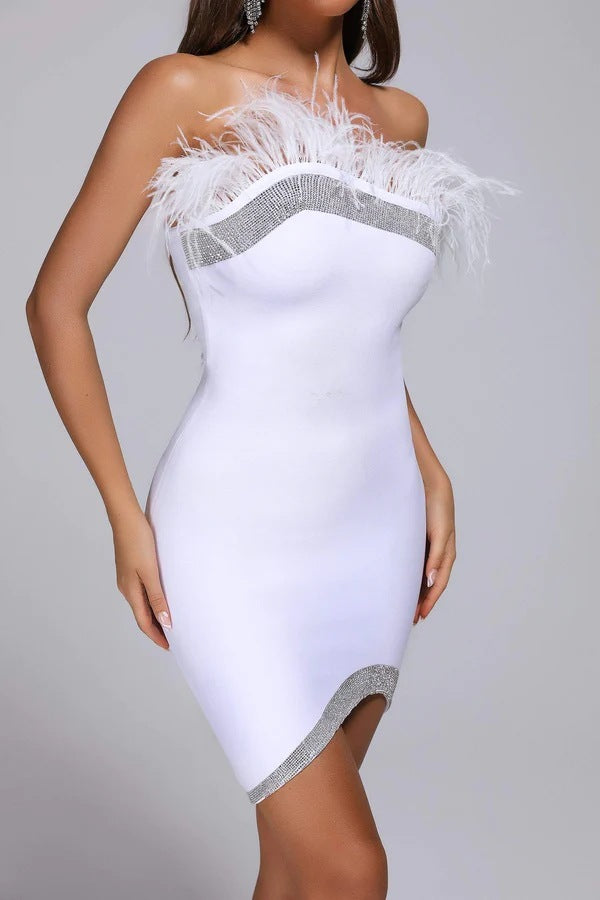 Women's Fashionable Chest Wrap Feather Skirt Mini Dress