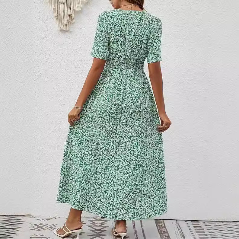 Summer New V-neck Printed Short Sleeve Split Dress