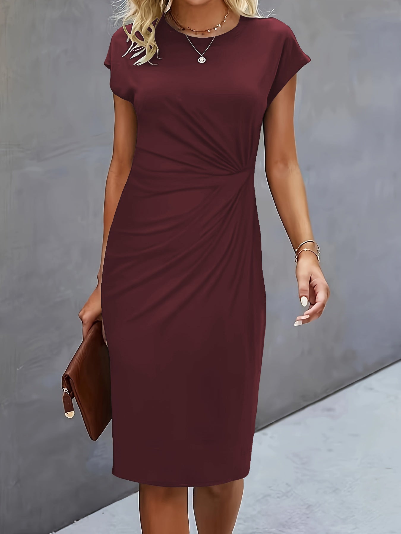 Women's Casual Tight Front Knot Round Neck Midi  Dress