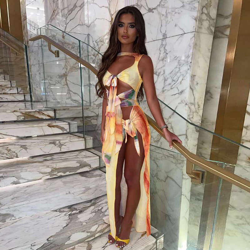 Gradient Printing Lace-up High Slit Sleeveless Dress