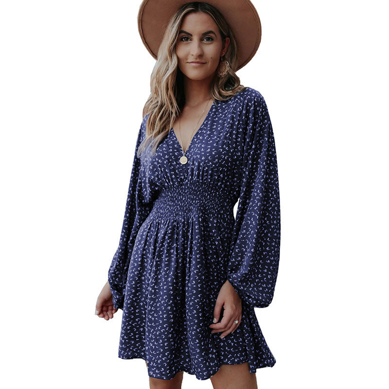 Polka Print Long Sleeve V Neck Lantern Pleated Waist Slim A-line Mini Dress
