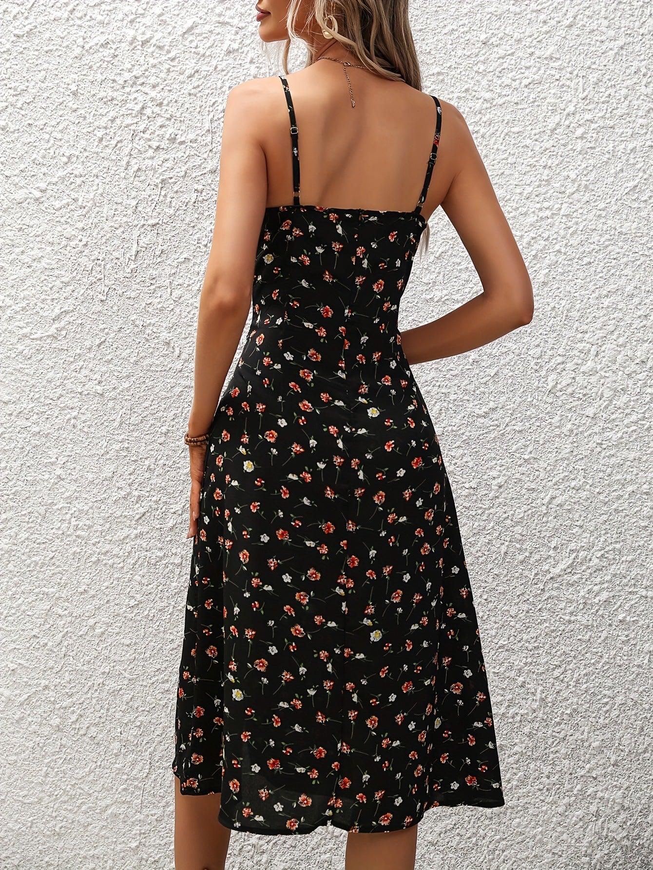 New Polka Dot Print Suspender Strap Midi Dress