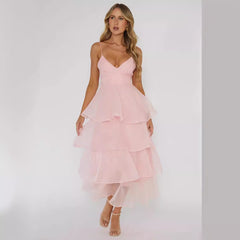 European And American Organza INS Deep V-neck Backless Sling Dress Leisure Vacation