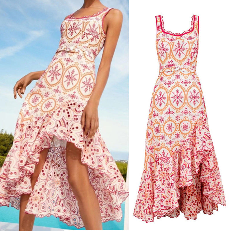 Seaside Vacation Style Irregular Embroidered Strap Maxi Dress