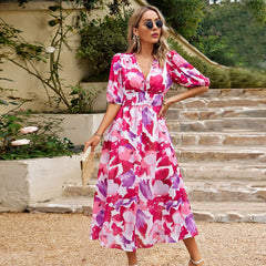 New V-neck Printed Short-sleeved Slim Seaside Maxi Dress