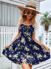 Floral Print Suspender Strap Dress With Elastic Waist Design