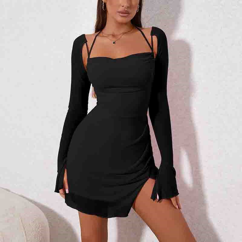 Women's Solid Color Backless Hanging Neck Halter Mini Dress