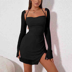Women's Solid Color Backless Hanging Neck Halter Mini Dress