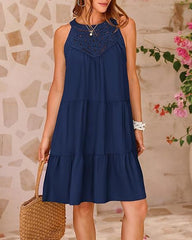 Summer Halterneck A-line With Flower Hollow Lace Design Sleeveless Dress