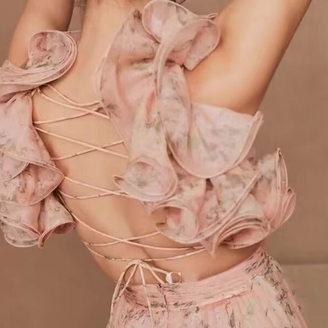 Women's Cut-out Ruffled Sleeveless Waist-controlled Hem Dress