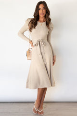 Round Neck Long Sleeve Tie Waist Sweater Dress - Taboochic