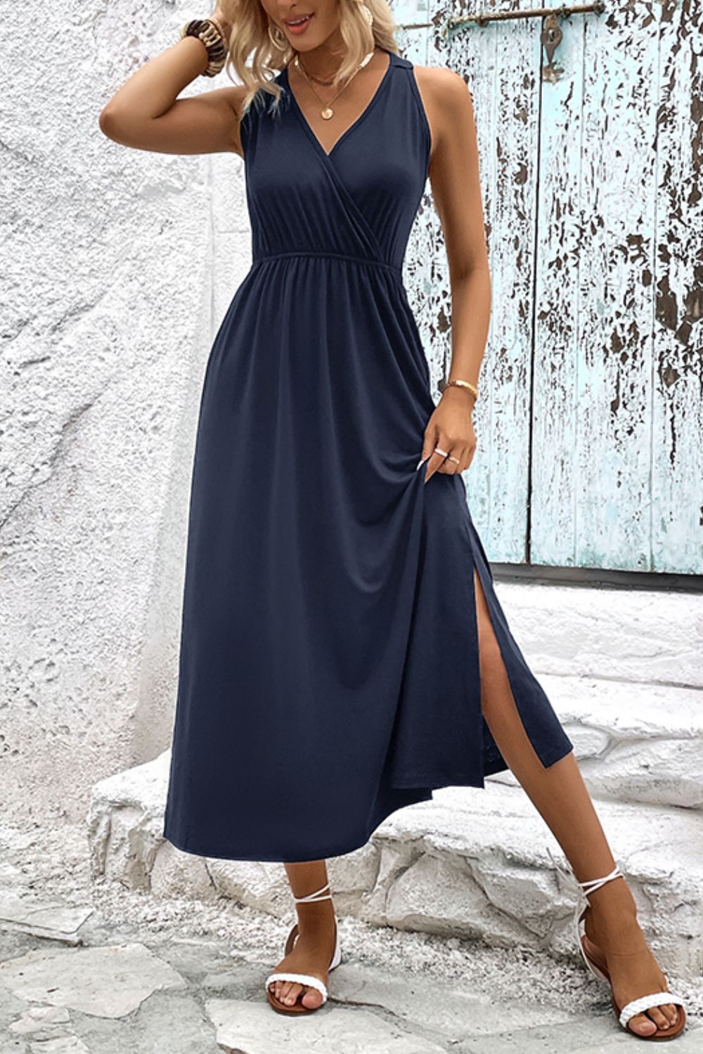 Surplice Neck Slit Sleeveless Dress - Taboochic