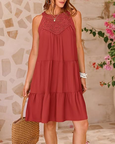 Summer Halterneck A-line With Flower Hollow Lace Design Sleeveless Dress