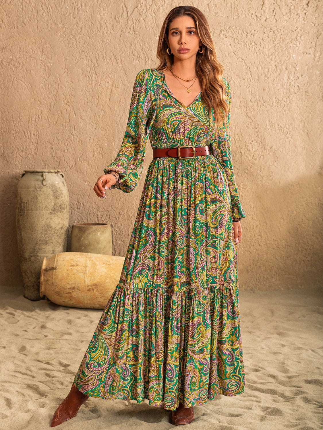 Printed Tie Neck Long Sleeve Dress - Taboochic