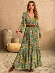 Printed Tie Neck Long Sleeve Dress - Taboochic