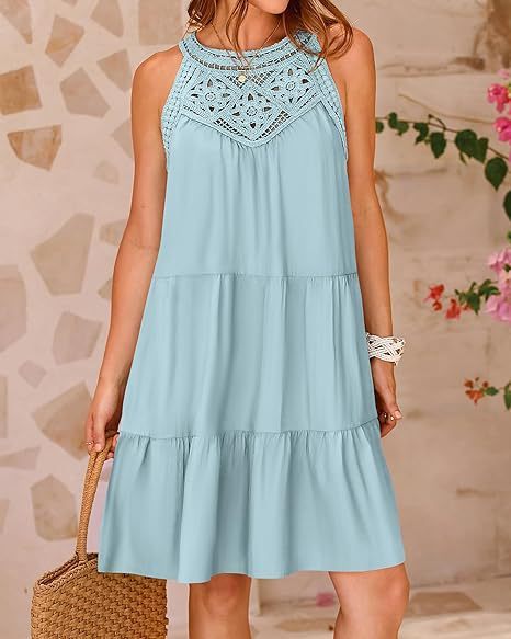 Summer Halterneck A-line With Flower Hollow Lace Design Sleeveless Dress