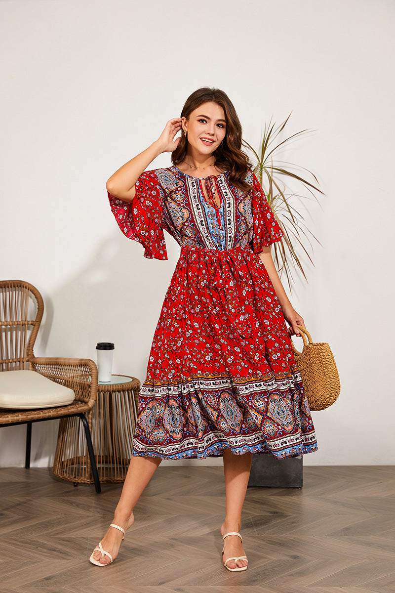 Fat Women Dresses Summer V Neck Print short Sleeves Maxi Dress