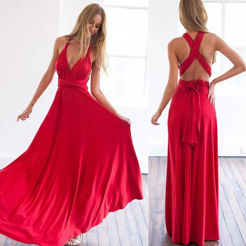 V-neck  Women Cross Strap Beauty Back Design Sleeveless Party Maxi Dress