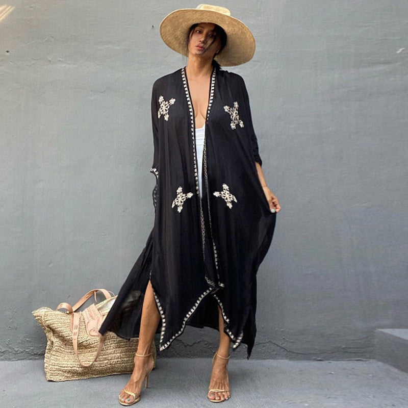 Rayon Embroidered Holiday Sun Protection Cardigan Beach Cover Up Top
