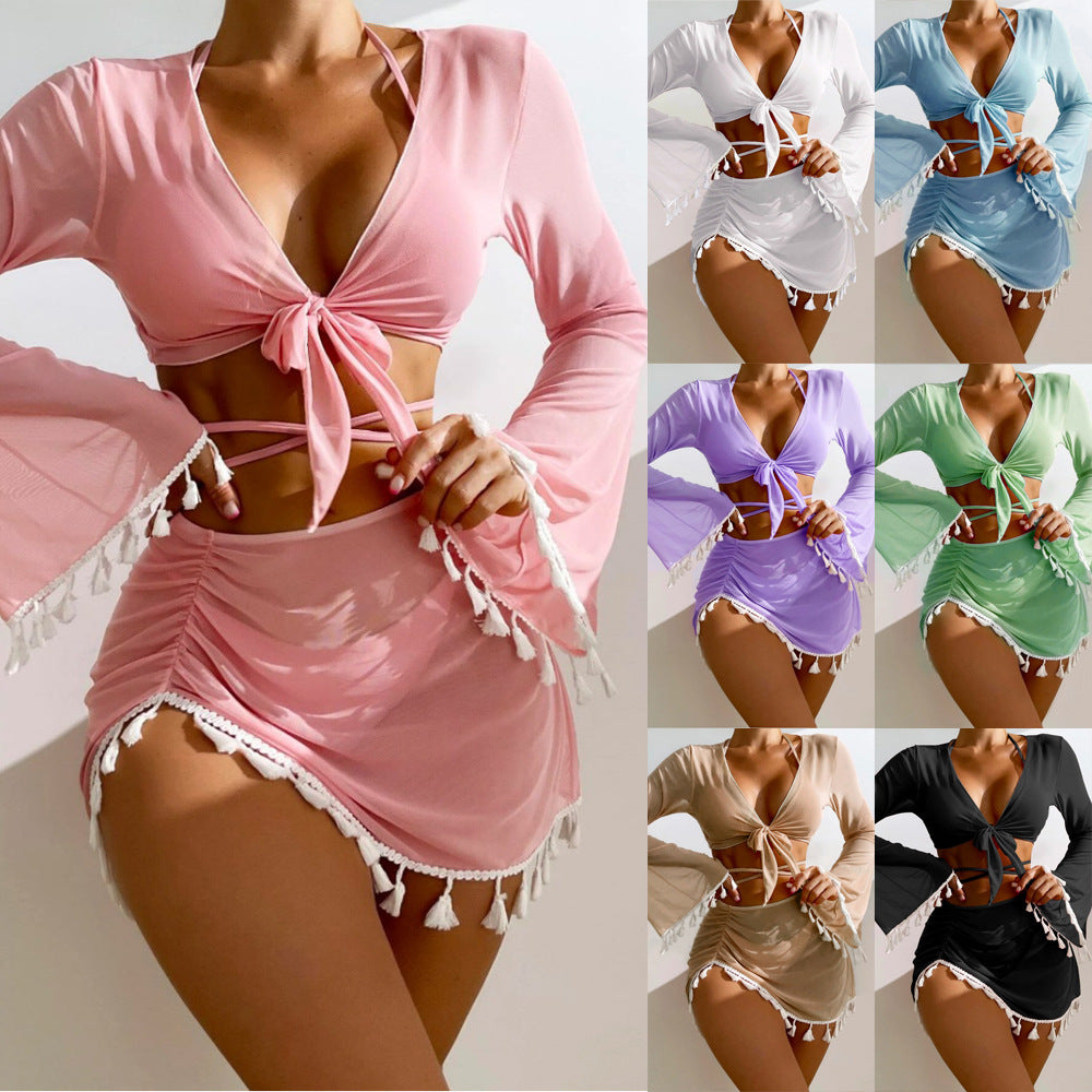 4pcs Solid Color Bikini With Long Sleeve Cover-up Top