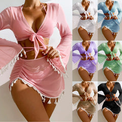 4pcs Solid Color Bikini With Long Sleeve Cover-up Top