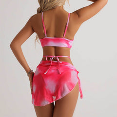 3pcs Tie Dye Print Bikini With Short Skirt