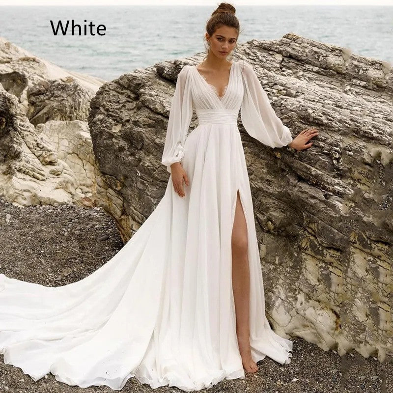 Long Sleeve Beach Boho Wedding Dress Bridal Gown