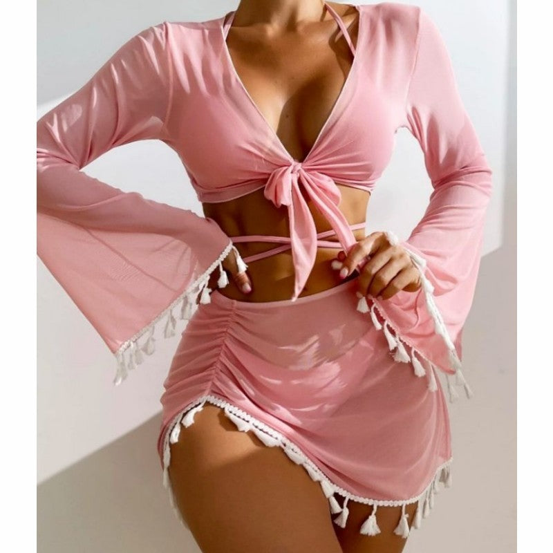 4pcs Solid Color Bikini With Long Sleeve Cover-up Top