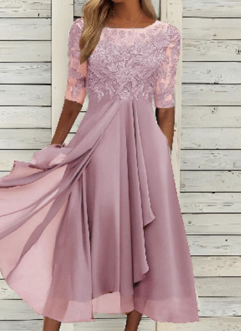 Chiffon Stitching Lace Hollow-out Dress Bridesmaid Evening Formal Midi Dress