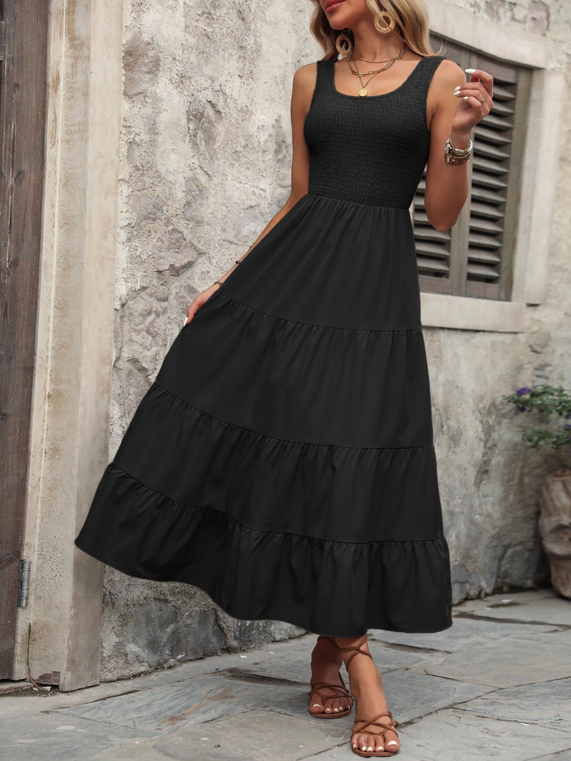 Smocked Scoop Neck Sleeveless Tank Dress - Taboochic