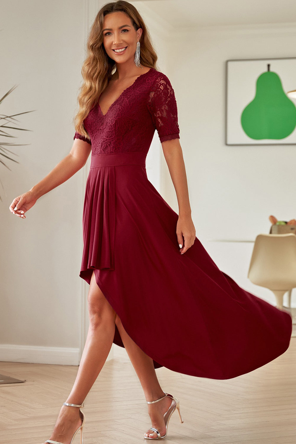 Lace Cutout V-Neck Short Sleeve Dress - Taboochic