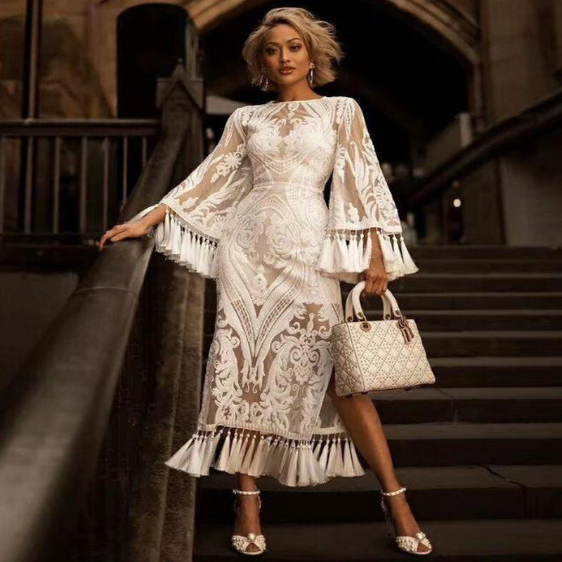 Lace embroidered tassel Long Dress