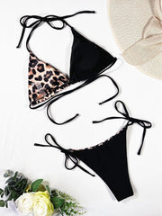 Women's Leopard Print Split Lace-up Bikini Suit