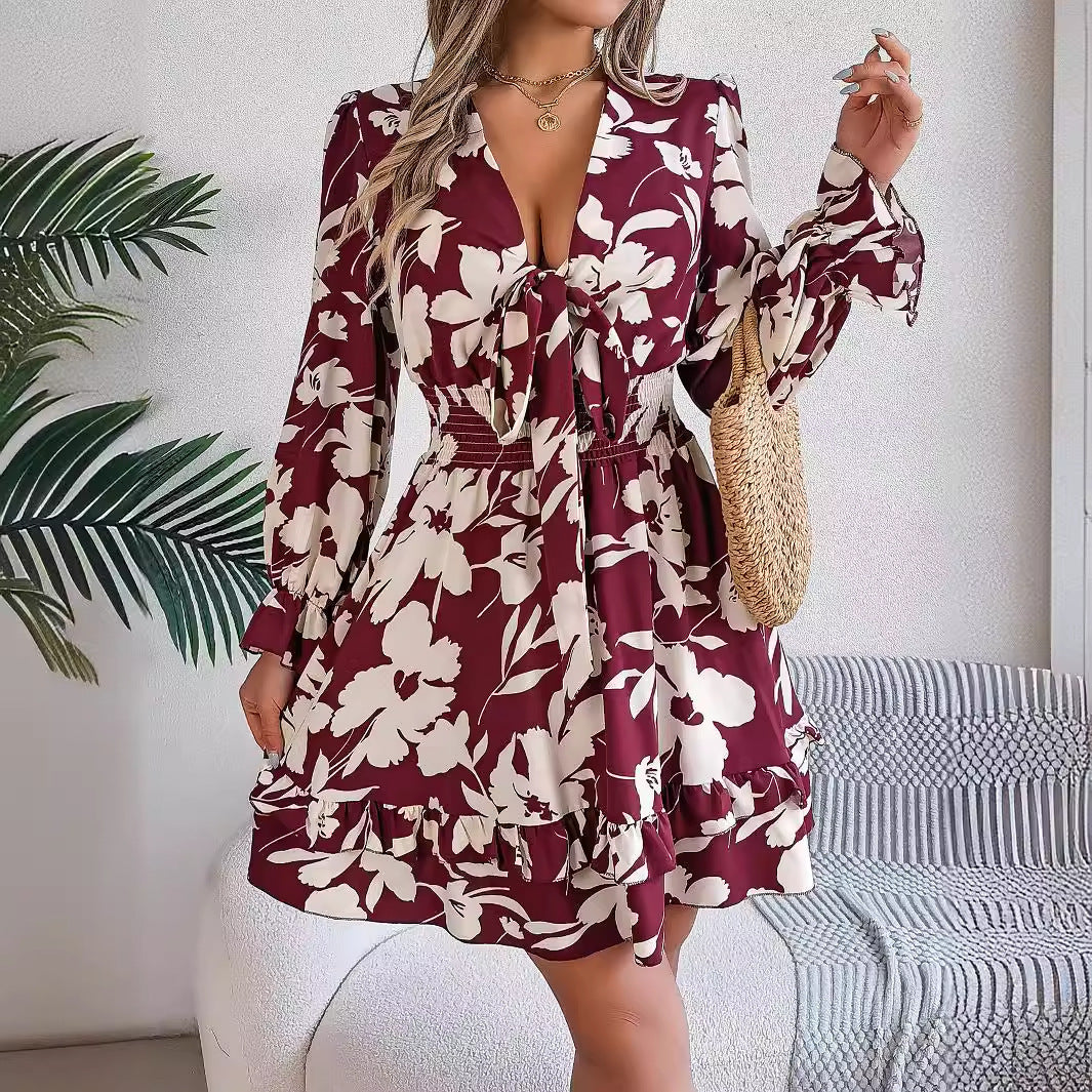 New Floral Printed V-Neck Long Sleeve Mini Dress