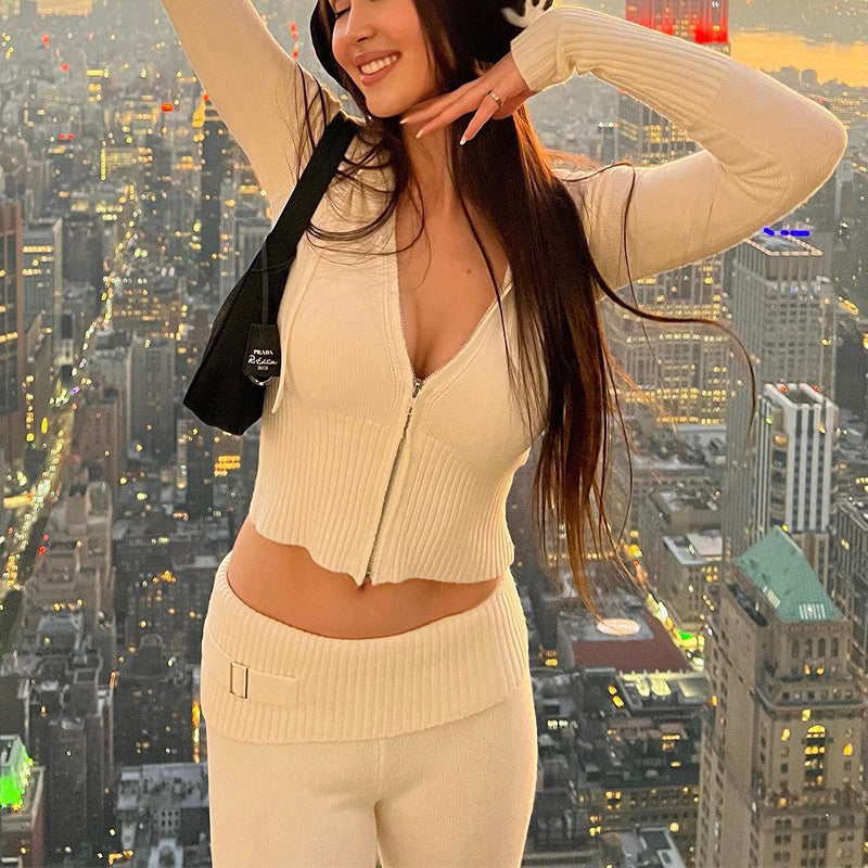 Hoodie Suit Women Leisure Sexy Zip Sweater And High Waist Pajama Set