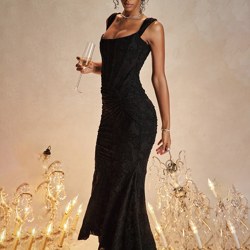 Fashion Off-neck Tube Top Stitching Hip Fishtail Sleeveless Dress