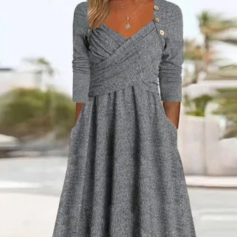 Women's Casual Loose Cross Button Solid Color Long Sleeve Dress
