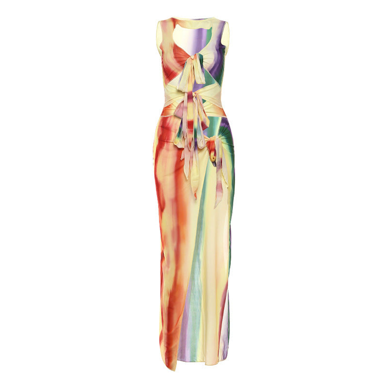 Gradient Printing Lace-up High Slit Sleeveless Dress
