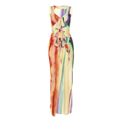 Gradient Printing Lace-up High Slit Sleeveless Dress