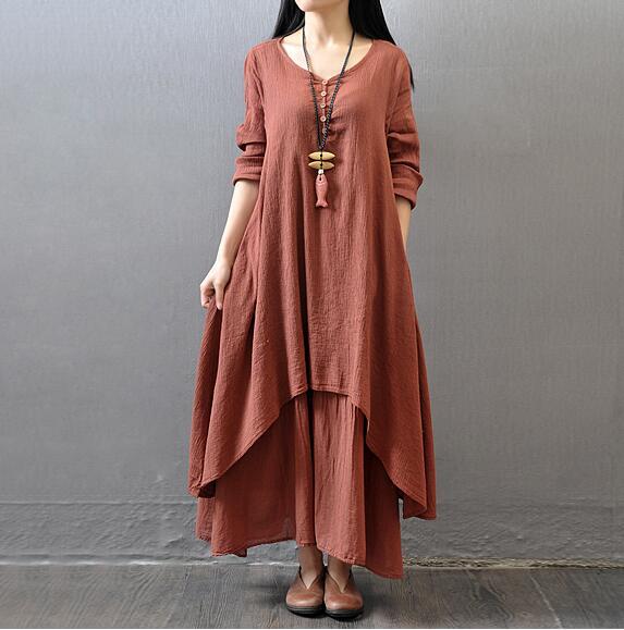 Two Fake Flax Long Sleeve Maxi Dress