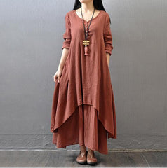 Two Fake Flax Long Sleeve Maxi Dress