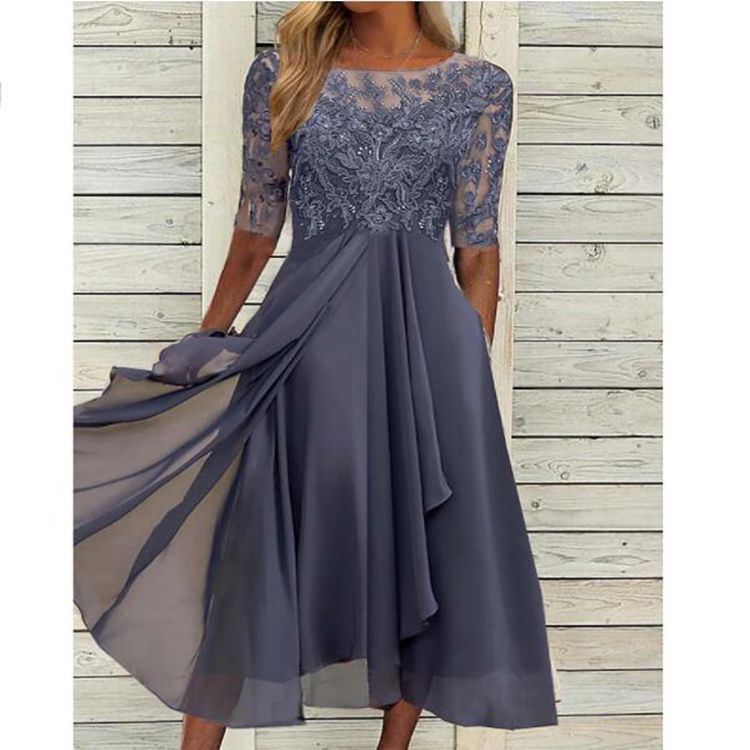 Chiffon Stitching Lace Hollow-out Dress Bridesmaid Evening Formal Midi Dress