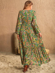 Printed Tie Neck Long Sleeve Dress - Taboochic