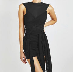 Kliou Ribbons Mesh See Through Bodycon Party Clubwear Mini Dress