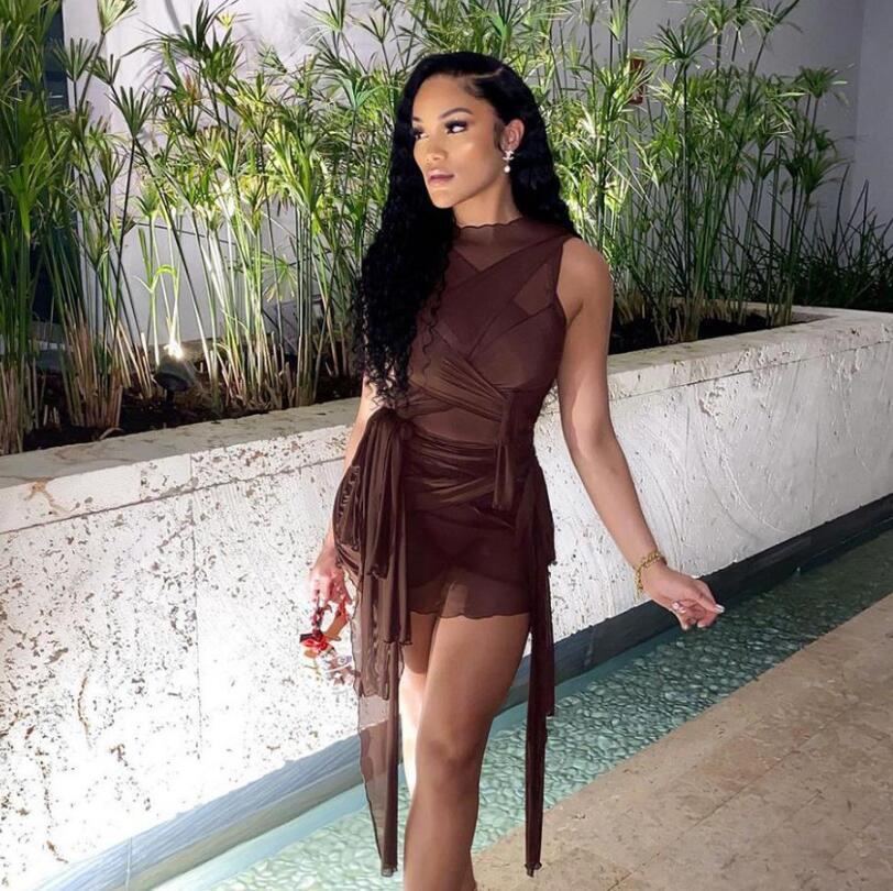 Kliou Ribbons Mesh See Through Bodycon Party Clubwear Mini Dress