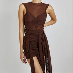 Kliou Ribbons Mesh See Through Bodycon Party Clubwear Mini Dress