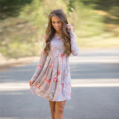 Elegant Floral  A-line Long Sleeve High Waist O-neck Dress