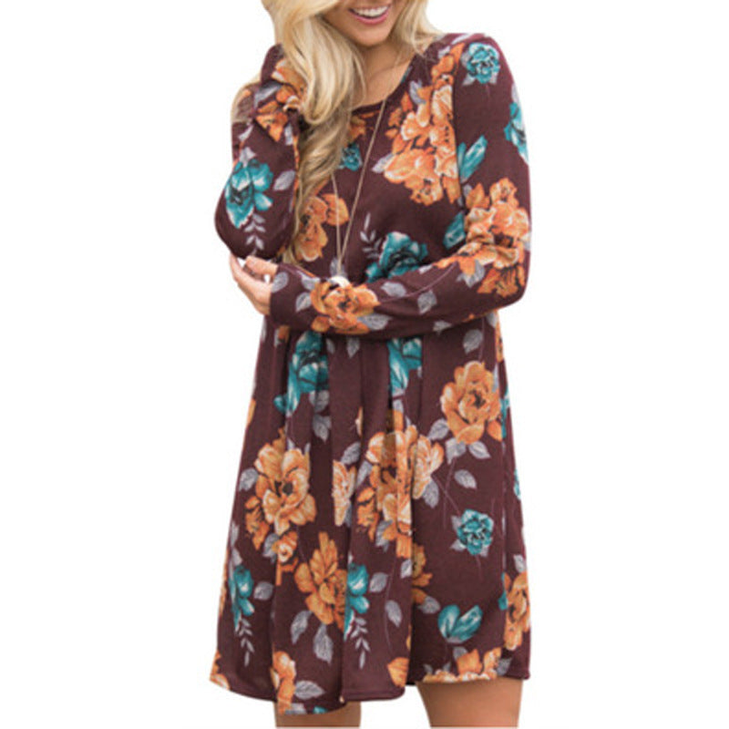 Elegant Floral  A-line Long Sleeve High Waist O-neck Dress